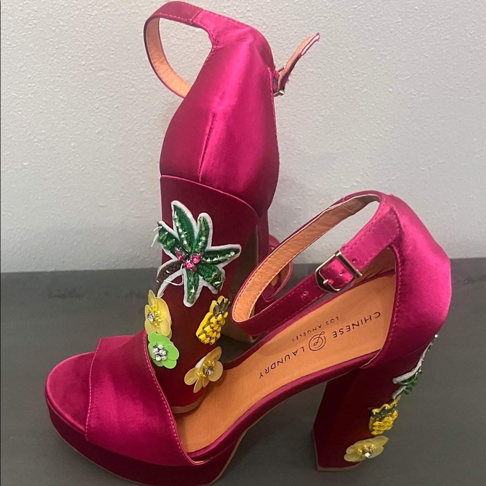 Chinese Laundry Fuchsia Satin Heels with Tropical Embellishments-Worn Once